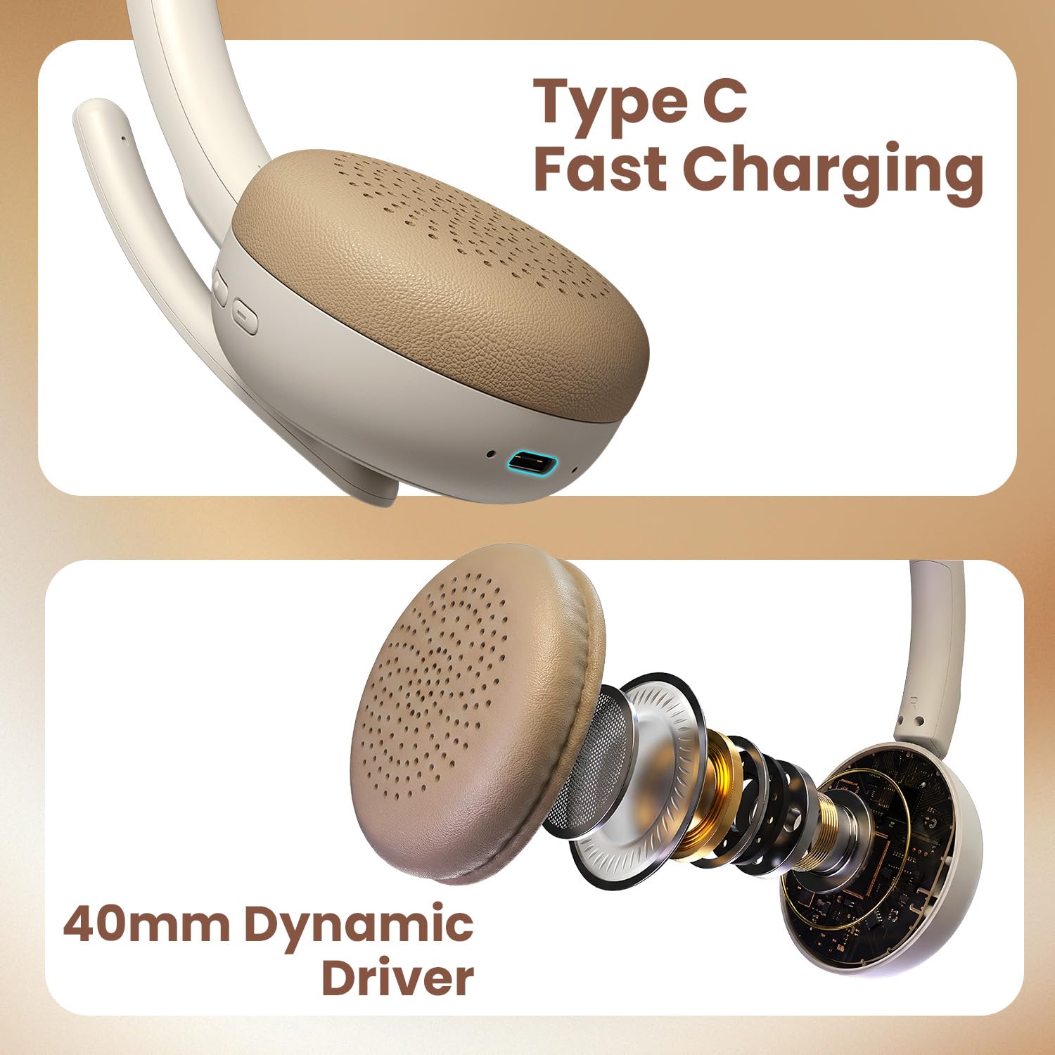 Portronics Muffs A3 On Ear Headphone with Inbuilt Flexible Boom Mic & Dual ENC Technology, Upto 50 Hours Playtime, Deep Bass, Bluetooth Version 6.0, 40mm Dynamics Driver, Type C Fast Charging(Beige) — Amazon image 6