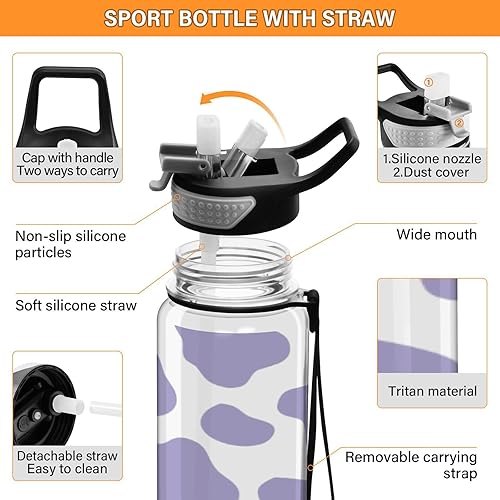 Miniatura 4 de Fustylead Purple Cow Print Tritan Water Bottle with Straw and Lids, 32 oz Reusable BPA Free Sport Water Bottle for Gym Camping Hiking Travel
