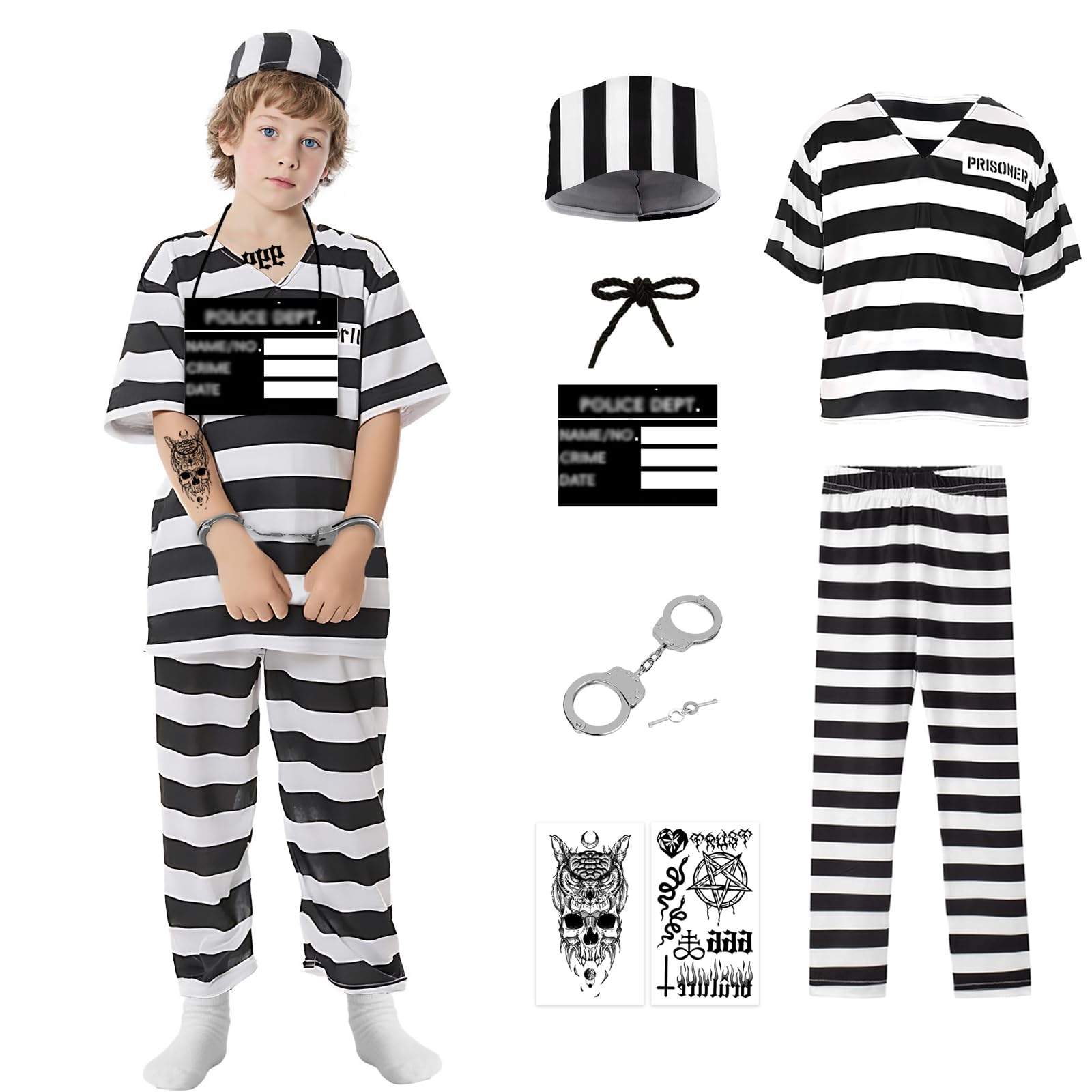 Makoike Prisoner Costume Kids 7Pcs Jail Inmate Costume Convict Uniform Striped Robber Outfits Halloween Cosplay Props