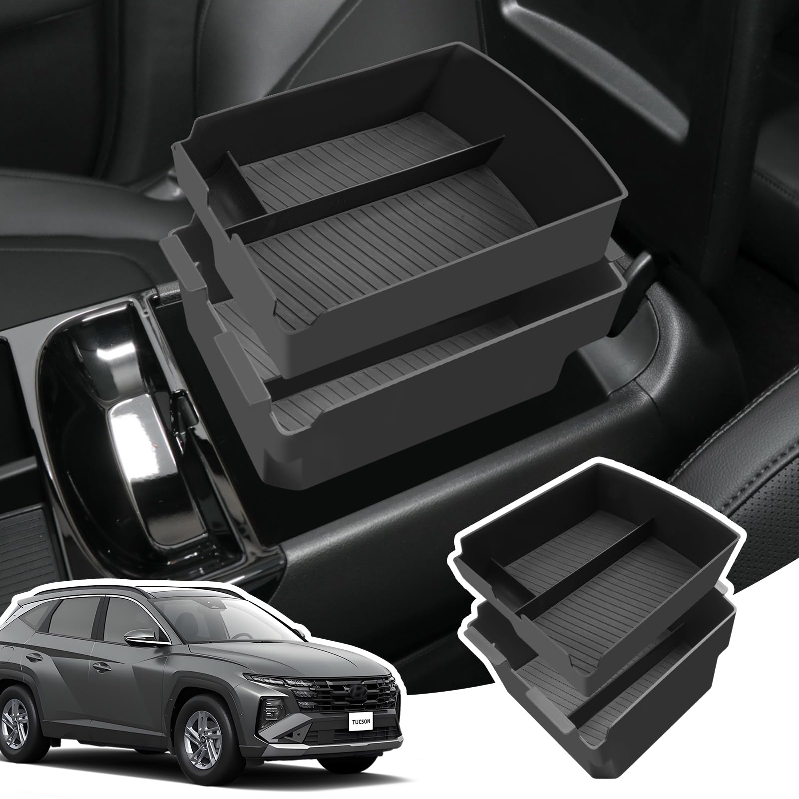2Pcs Apoyabrazos Organizador para Hyundai Tucson NX4 2025 2026, Caja Almacenamiento Consola Central con Alfombrillas, Bandeja de Reposabrazos para Tucson NX4 (Transmisión Electrónico)