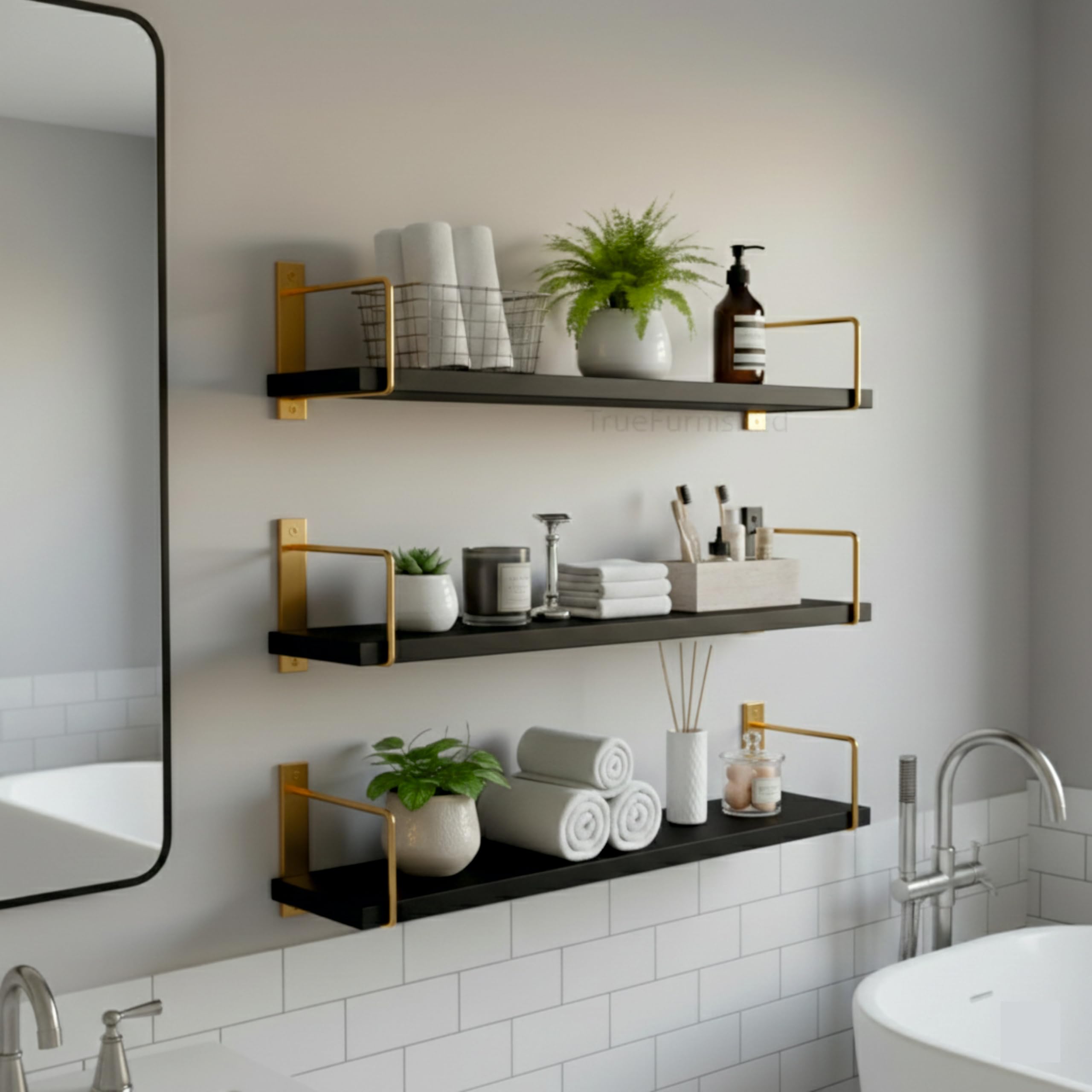 Wall Shelf Mounted Bathroom Shelves Pack of 3, Golden Black Floating Shelves with Metal Brackets, Wall Storage Display Rack Toiletries, Organizer, Kitchen, Bedroom, Living Room 23.5"-image-28