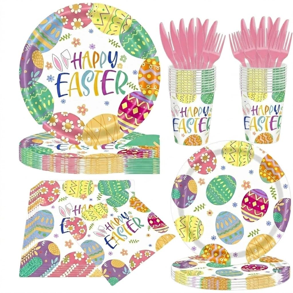 Photo 1 of 101 Pcs Easter Paper Plates and Napkins Set Happy Easter Party Supplies with Egg Bunny Print Disposable Tableware Paper Plates, Tablecloth, Napkins, Forks Spring Themed Party Decor-Serve 24 (A)