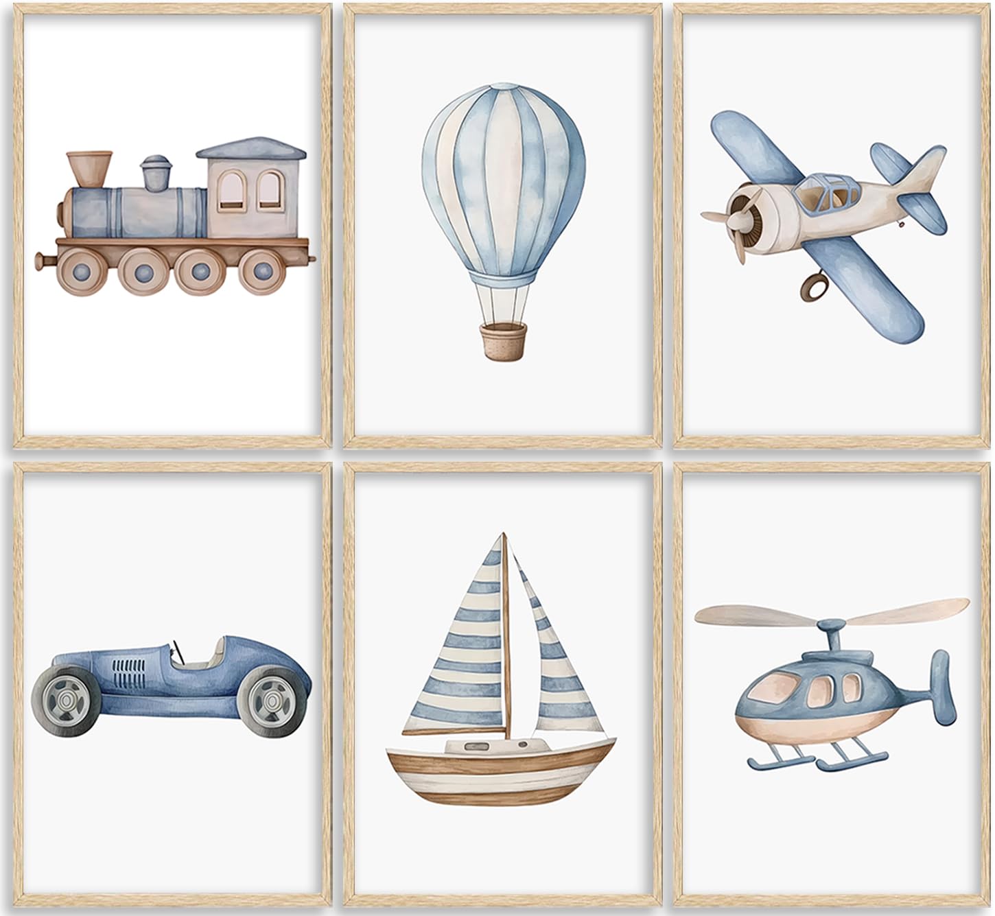 Vintage Baby Boy Nursery Wall Art Blue Transportation Car Airplane Painting Picture Wall Decor Toddler Vehicle Train Boat and Hot Air Balloon Poster