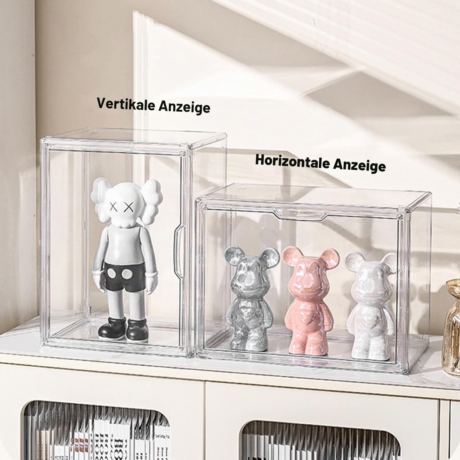 Transparente stapelbare Kunststoff Aufbewahrungsboxen mit magnetische Tür, Staubdichte Aufbewahrung Vitrine Schaukasten für Figuren, Kosmetik, Schuhe, Bücher und Handtaschen (36x22x27cm,4er-Set)