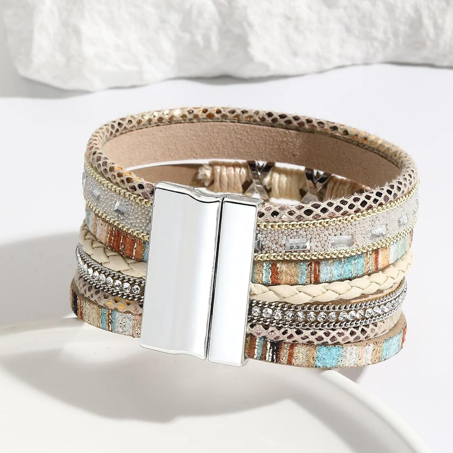 Fesciory Leopard Bracelet for Women, Boho Leather Wrap Multi-Layer Pearl Crystal Bracelet Bangle Jewelry Boho(Khaki) image 6 of 7 B0D6RGWSS8