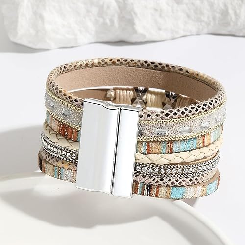 Miniatura 6 de Fesciory - Pulsera de leopardo para mujer, estilo bohemio de cuero multicapa con perlas de cristal