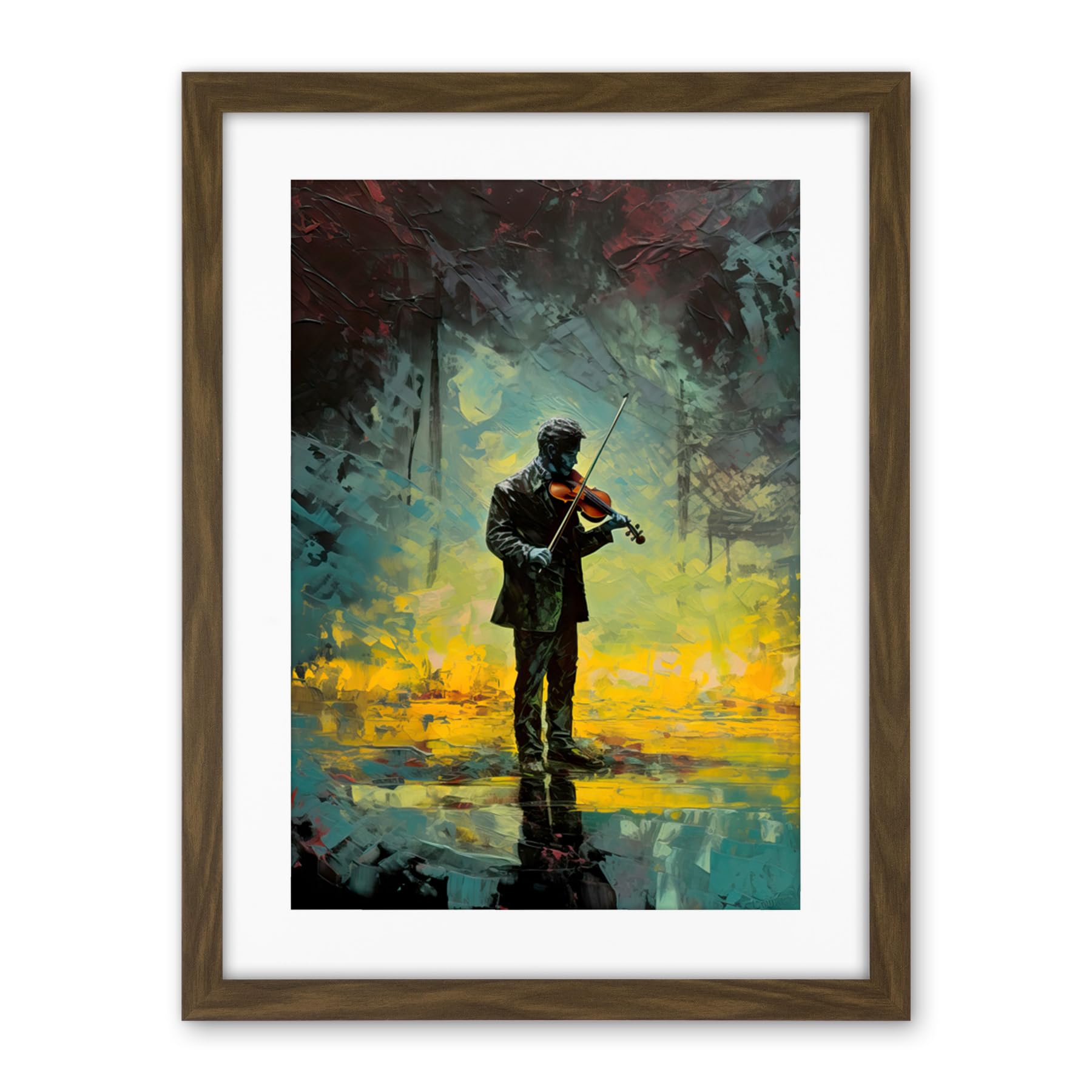 Artery8 Street Musician Playing Violin After the Rain Artwork Framed Wall Art Print 18X24 Inch