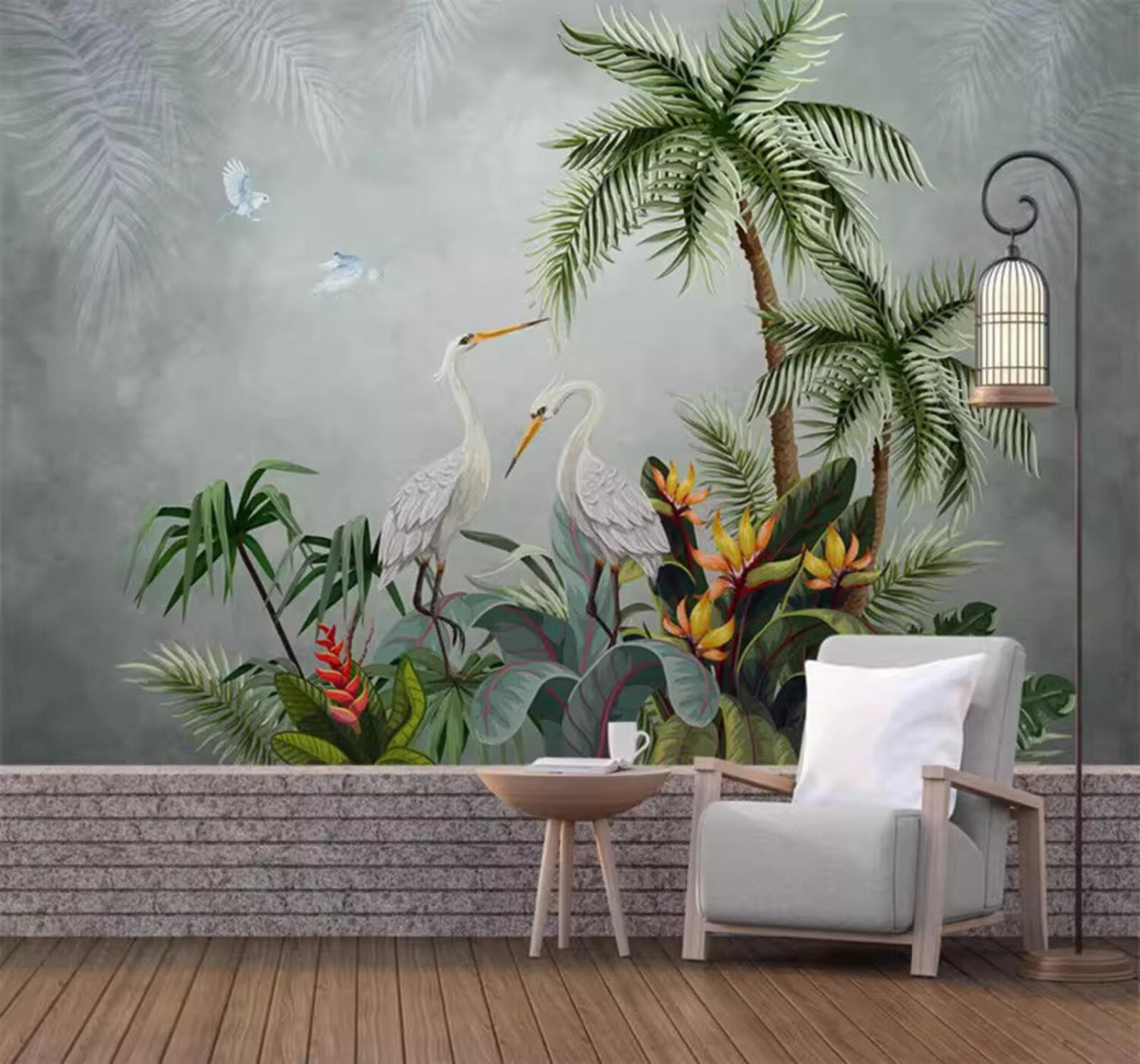 Hand Drawn Minimalist Tropical Plants Flowers and Birds 3D Wallpaper Easy Install Feature Office Living Room Sofa Bedroom TV Background Wall Decoration-430cm×300cm