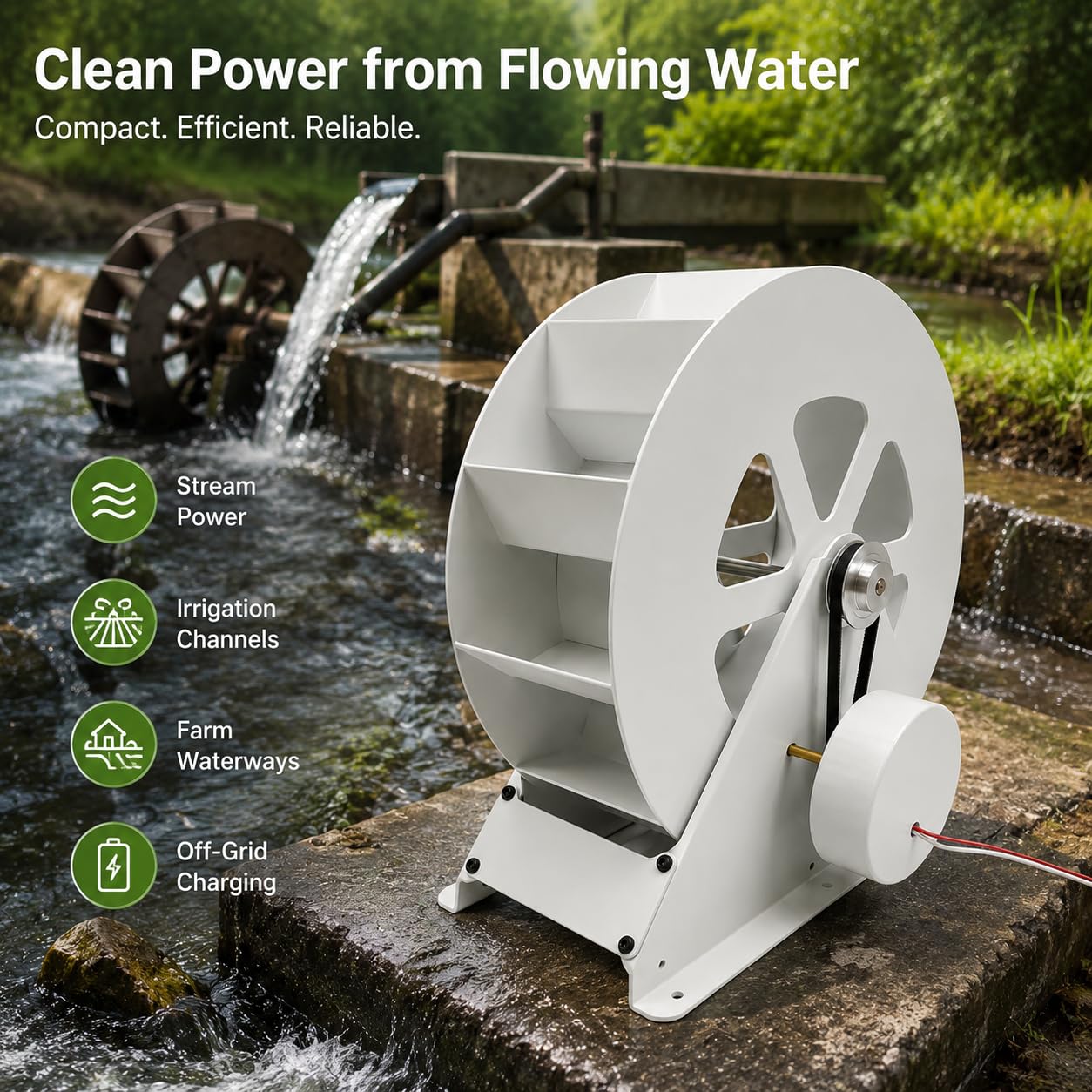 Generador de turbina de agua portátil de 100 W – Kit hidroeléctrico de flujo para corrientes/ríos fuera de la red – Microgenerador hidráulico de acero duradero con funcionamiento silencioso