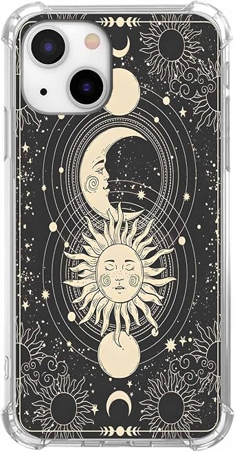 Black Celestial Sun Moon and Star Case for iPhone 14,Magic Boho Illustration Pattern,Trendy Soft TPU Bumper Case for iPhone 14