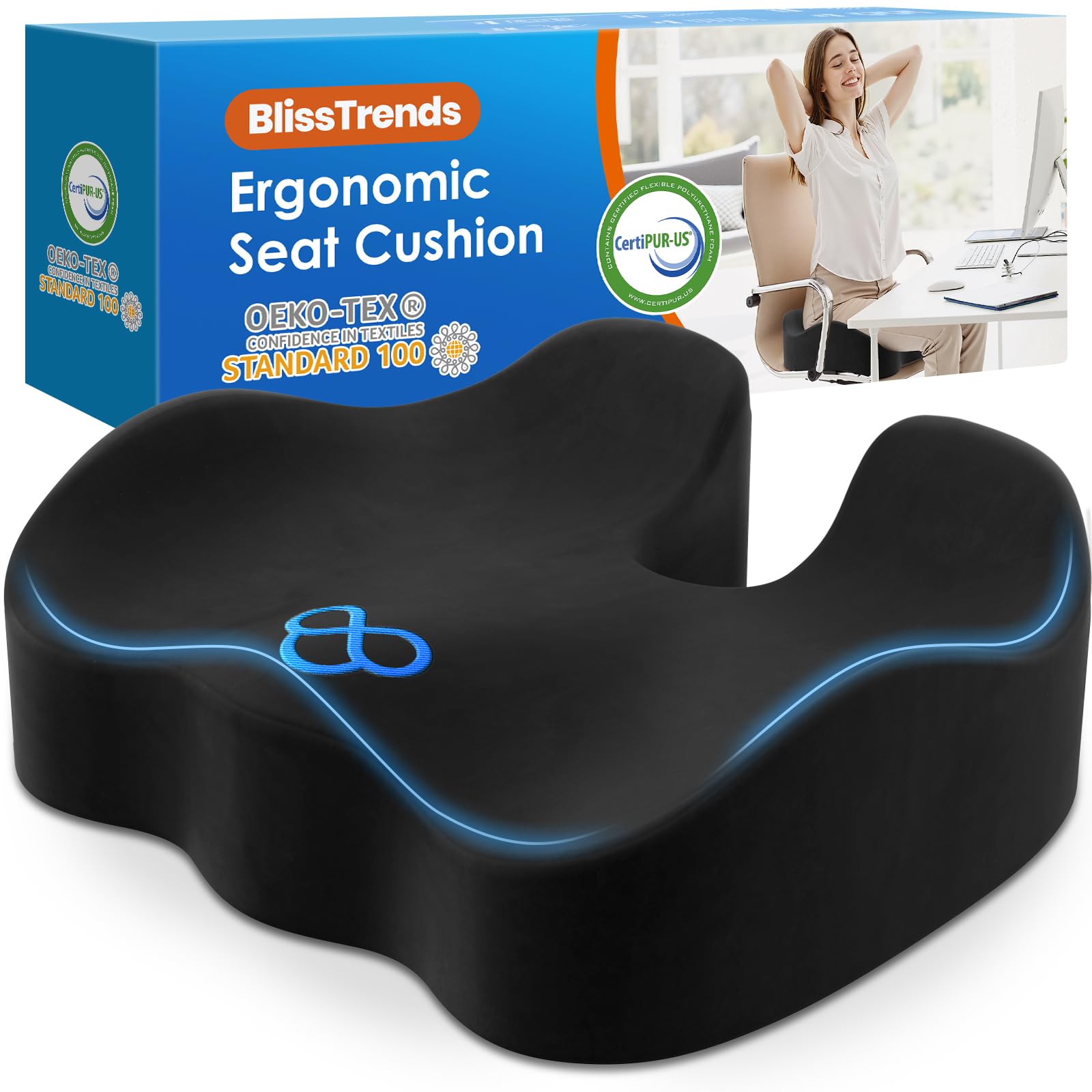 BlissTrends Seat Cushion,Thick Memory Foam Cushions for Office Chair, Car Seat, Airplane, Relieving Pressure Tailbone Sciatica Back Pain for Long Sitting Office Workers, Car Drivers 4.7in Thick BlackOEKO-TEX STANDARD 100