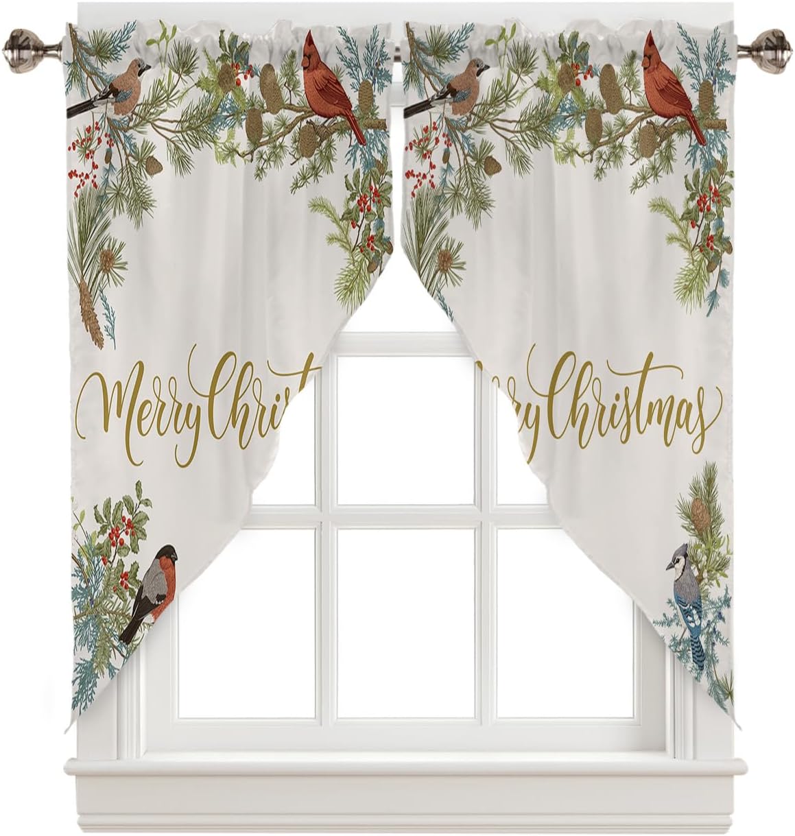 Christmas Curtains Swag Valance Cardinal Pine Tree Berry