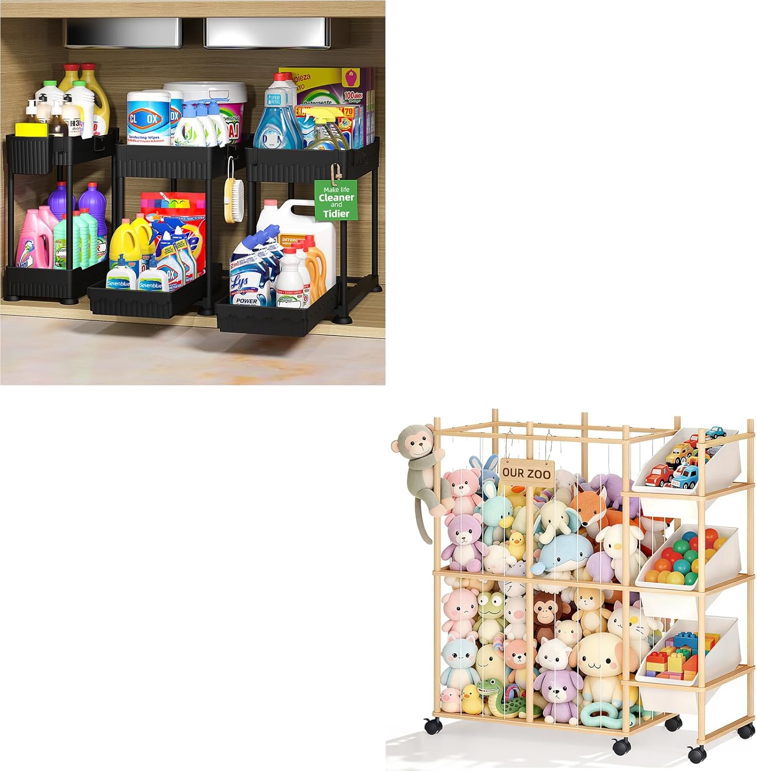 3 Pack Under Sink Organizers, Stuffed Animal Storage with 3 Removable Bins