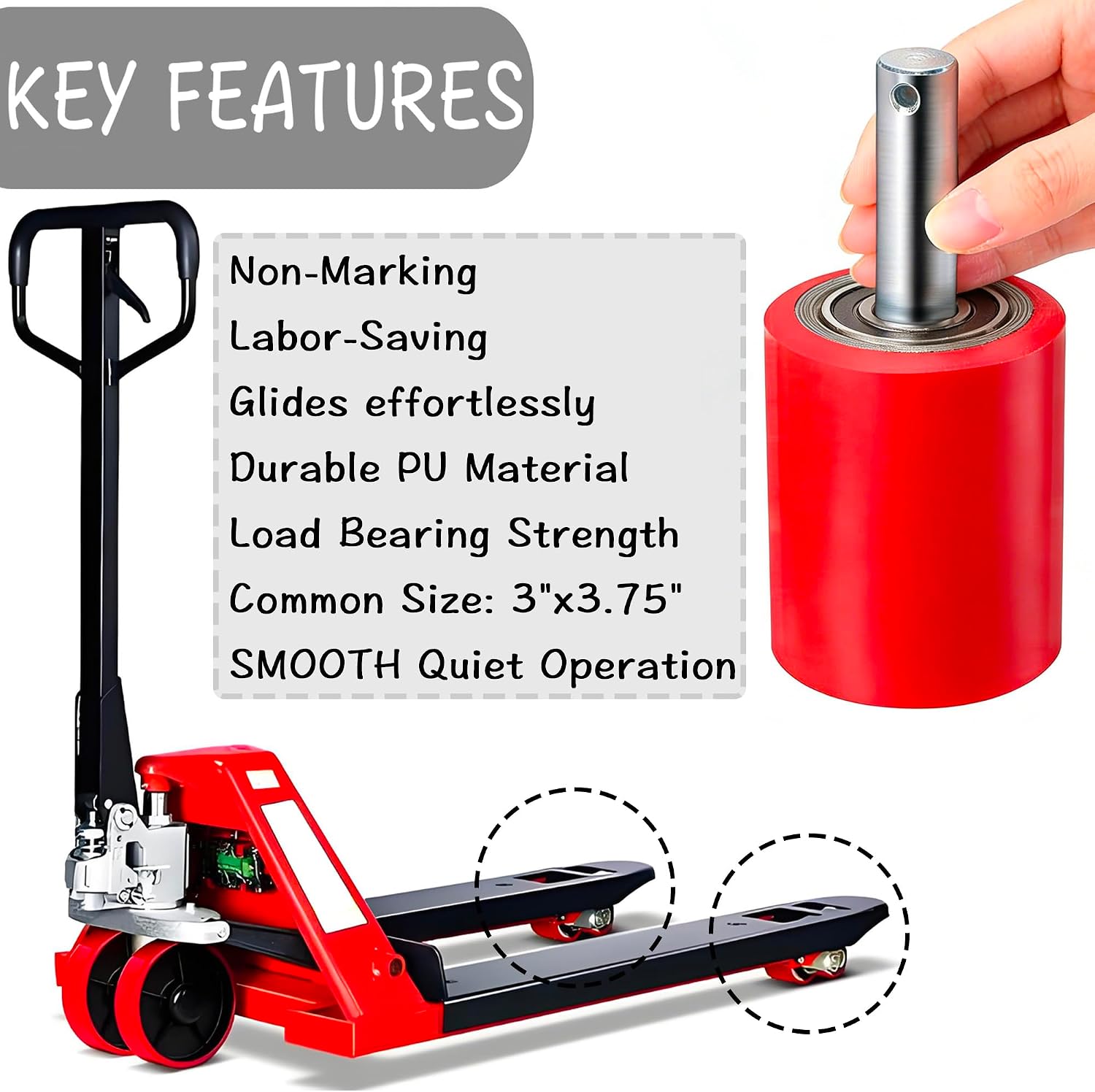 A Pair Pallet Jack Load Wheels Replacement Kit with PU Tread Wheel 3 x 3.75",Pre-Installed Bearings ID 20mm,Axles(Length 4.8") and Pins,also for Manual Hand Lift Truck Rear