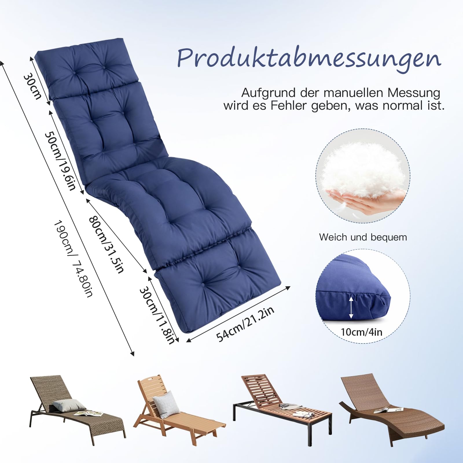 Cuscino per sedia a sdraio da giardino, 190 x 54 cm, con fondo antiscivolo, comodo cuscino con testa e fascette di fissaggio, imbottitura spessa per giardino, balcone, terrazza (blu scuro)
