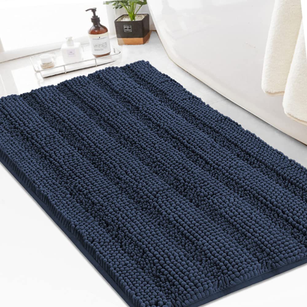 Turquoize Chenille Bath Rug - Shaggy Non-Slip Bathroom Mat, Extra Soft and Absorbent Area Rug, 24 x 36 Inches, Navy