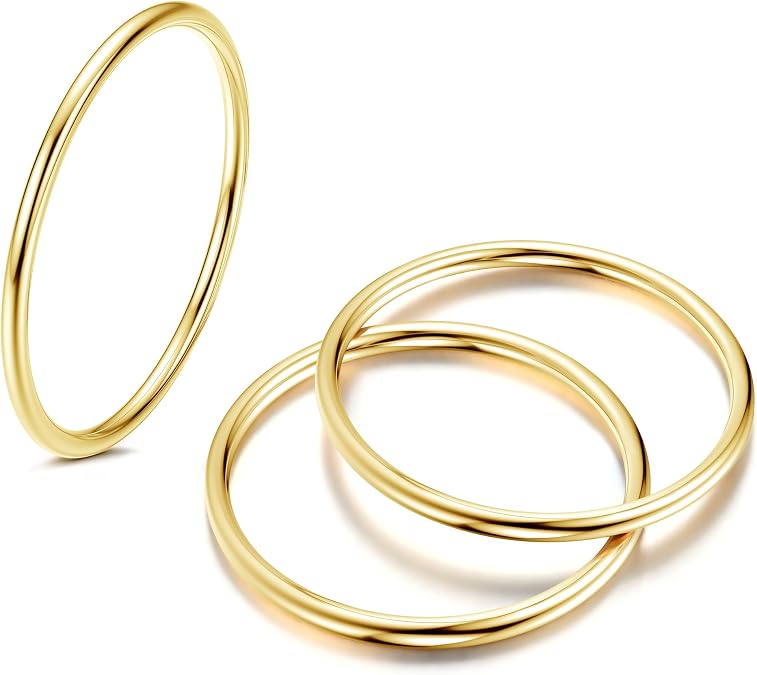 LOYALLOOK 3Pcs 1mm Thin 14K Gold Filled Stackable Rings For Women Non Tarnish Stainless Steel Plain Stacking Knuckle Thumb Pinky Statement Band Midi Rings Comfort Fit Size 3 to 10