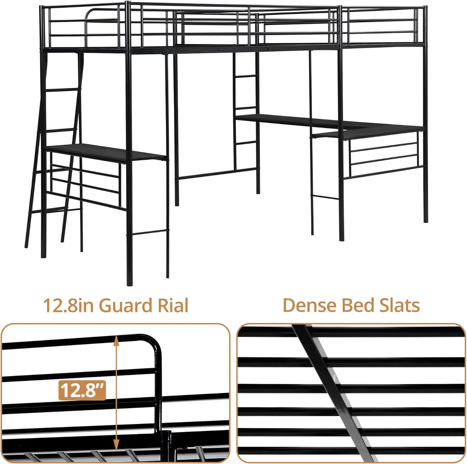 INCLAKE L Shaped Metal Loft Bed with 2 Desk, Twin Size Loft Bed with Safety Guardrail and 2 Ladder, Heavy-Duty Steel Frame Corner Twin Bed for Girls Boys Teens, Black