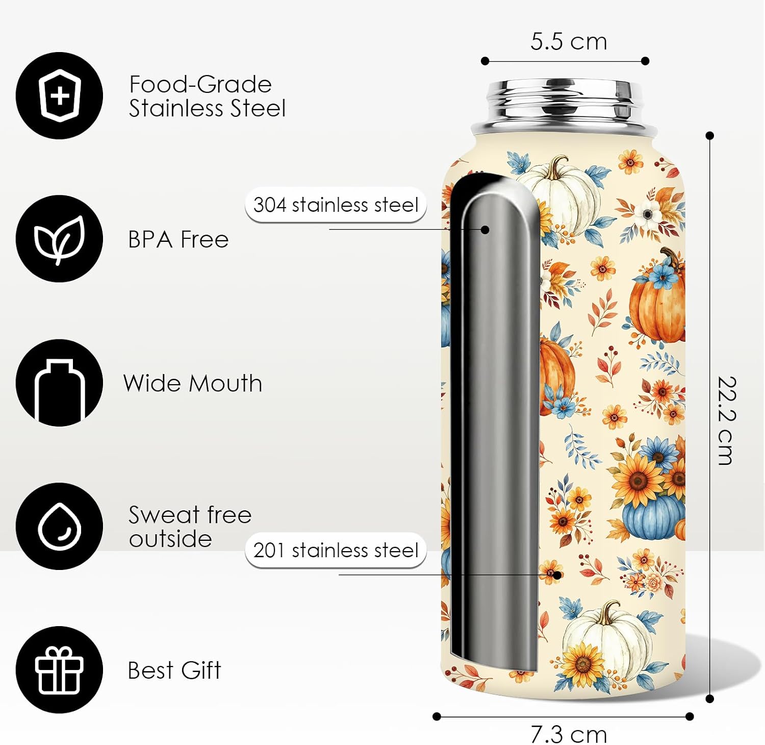 Fall Pumpkin Water Bottle 32oz, Sunflower Pumpkin Themed Gifts for Women Men, Autumn Fallen Leaves Gifts Travel Double Wall Vacuum Insulated Stainless Steel Coffee Cup, Keeps Drinks Cold & Hot