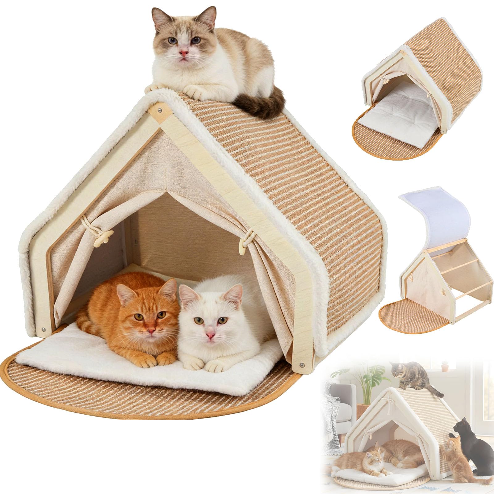 Tenda Per Gatti, Tana In Sisal Tenda Per 1-2 Gatti E Tiragraffi 2 In 1 In Legno Per Interni Con Cuscino E Tetto Lavabili 50 X 40 X 40 Cm Cuccia Accessori Per La Stanza Degli Animali