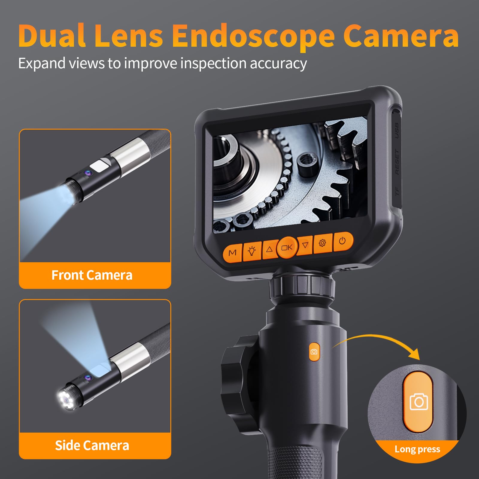 Dual Lens Endoskopkamera mit Licth, 360° HD Drehbar Inspektionskamera 4,3 Zoll IP67 Wasserdichtes Rohrkamera Kanal Endoskop Kamera mit 8+1 LEDs, 32G Karte und Tragetasche-1.5M