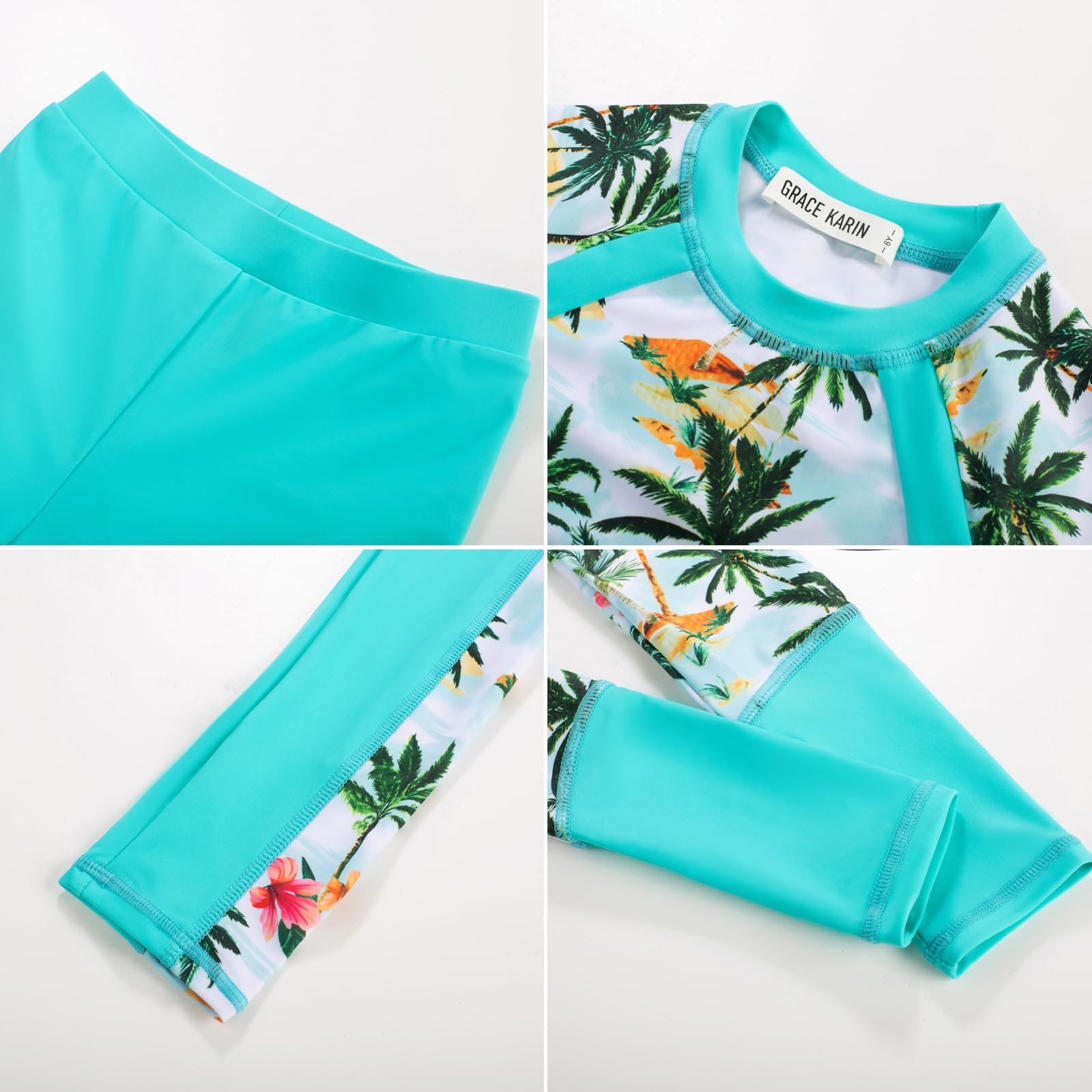 GRACE KARIN Traje de baño de manga larga para niñas, estampado de dos piezas, para verano, playa