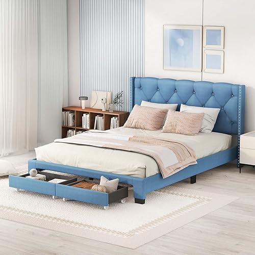 Base de cama moderna tamaño Queen con 2 cajones, plataforma tapizada con cabecera copetuda, base de cama de tela de lino, base de colchón, soporte