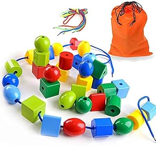 LovesTown Lacing Bead Set, Educational Stringing Toy Montessori Toys Autism Toys for Toddlers Kids Preschool Children with 36 Jumbo Beads & 2 Threads
