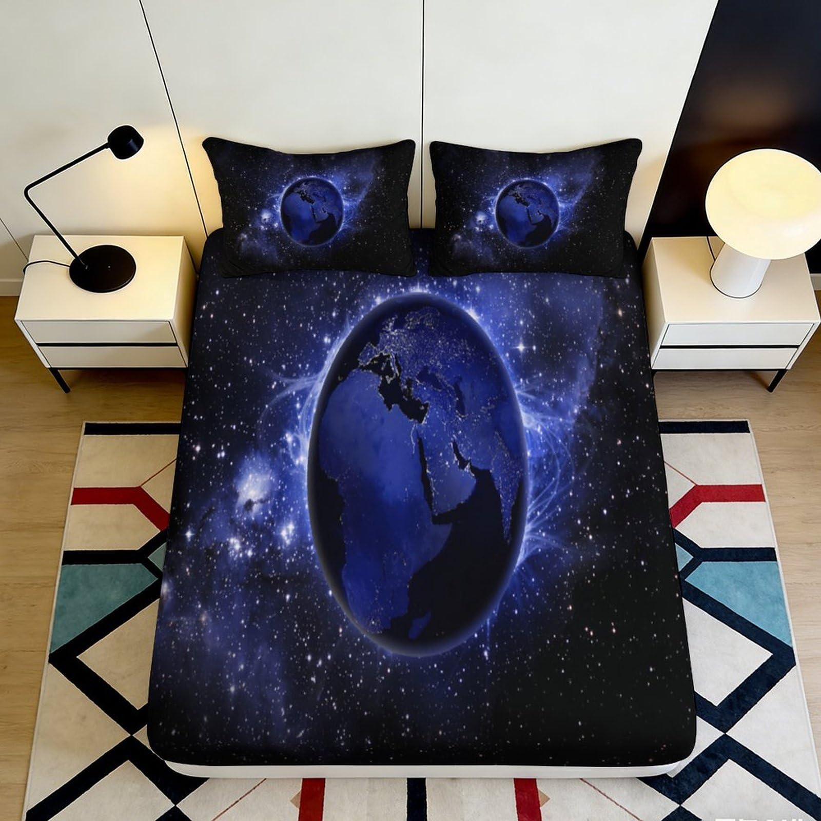 3D Printed Galaxy Earth Fitted Sheet Microfiber Deep Pocket Non-Slip Galaxy Earth Mattress Fitted Cover Washable Full Wrap Bedding 200x200x25cm