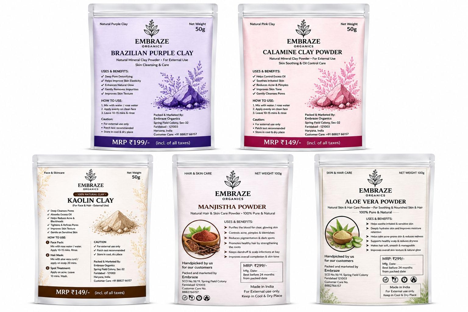 Natural Skin Care Combo | Brazilian Purple, Calamine, Kaolin, Manjistha & Aloe Vera | Face & Hair Care | 100% Pure & Natural Herbal Blend (50g x 5 | 250g Total)-image-19