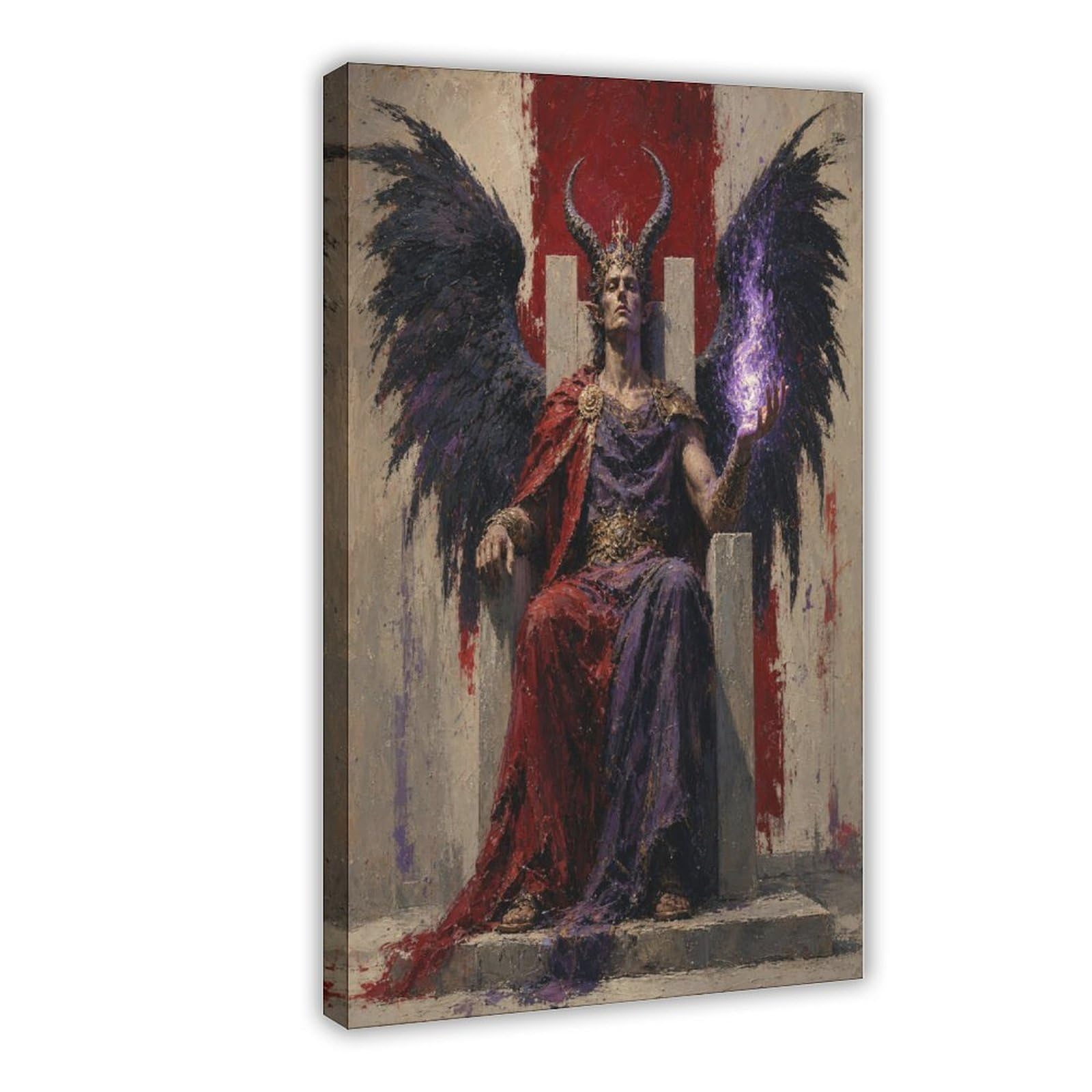 H3b8u2y5 Frame-Style-20 Dark Winged King On Throne Canvas Wall Art, Occult Crown Gothic Oil