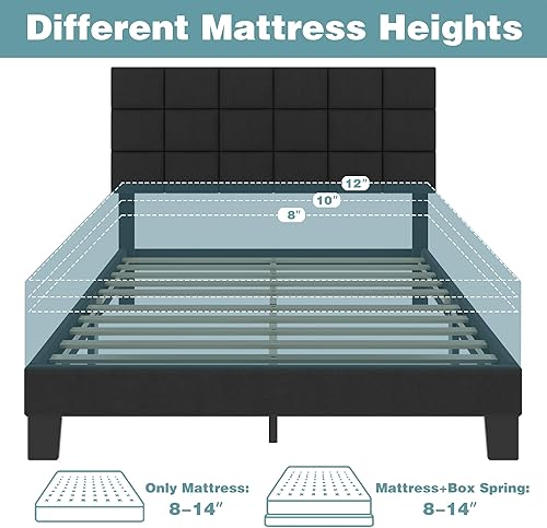 Miniatura 7 de Lifezone Base de cama tamaño matrimonial tapizada con cabecera de lino ajustable en altura, soporte de listones de madera, no necesita boxeo, base