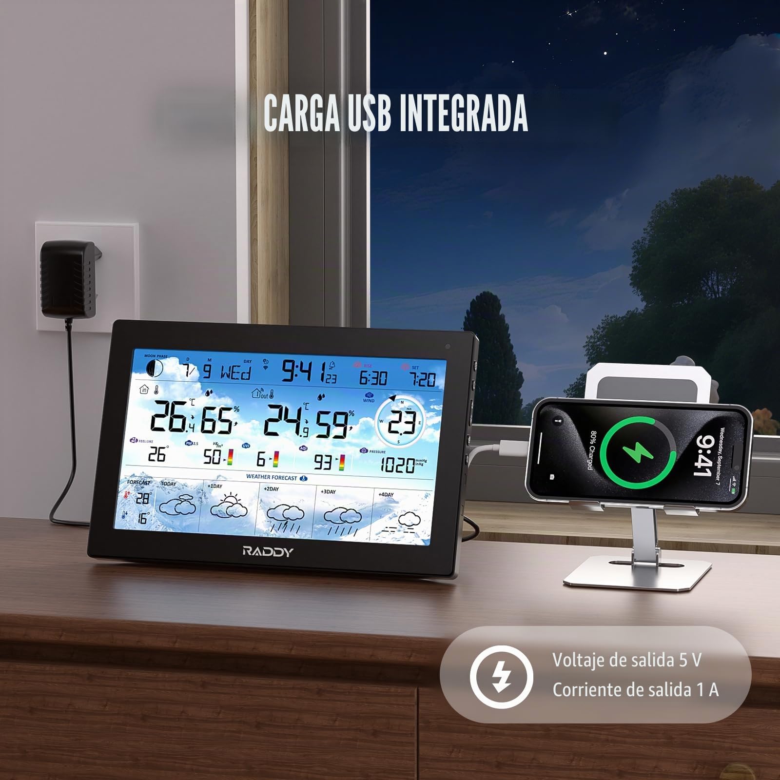 Raddy Estación meteorológica inalámbrica N90 HTN 8,8" con conexión inteligente, termómetro interior-exterior, sensor inalámbrico, monitor de temperatura