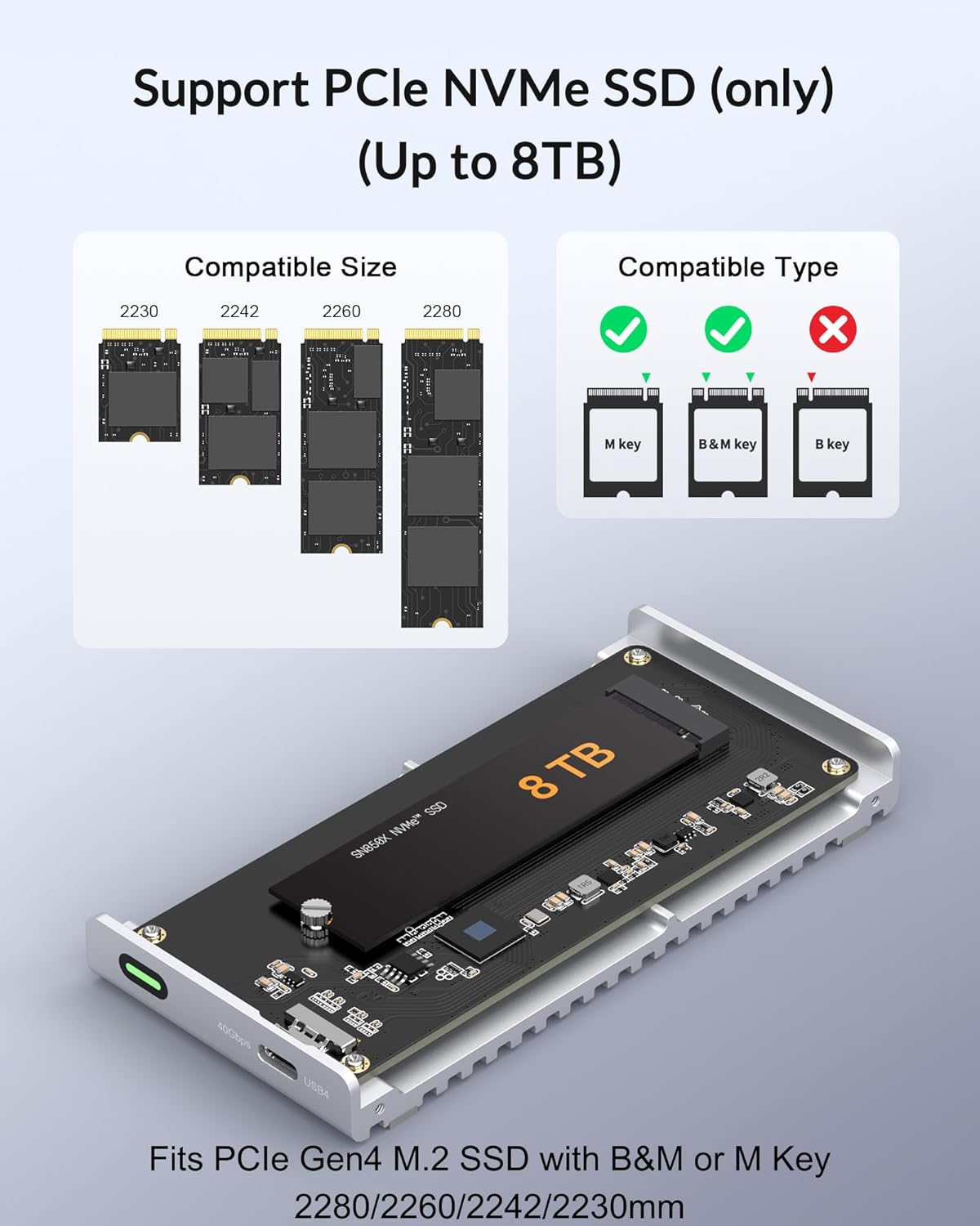 Fanless Speedy 40Gbps M.2 NVMe SSD Enclosure, USB4/Thunderbolt 4 Aluminum External NVMe Enclosure with Finned Dustproof Cooling Design, Supports M.2 PCIe SSD up to 8TB (Silver) - Image 3