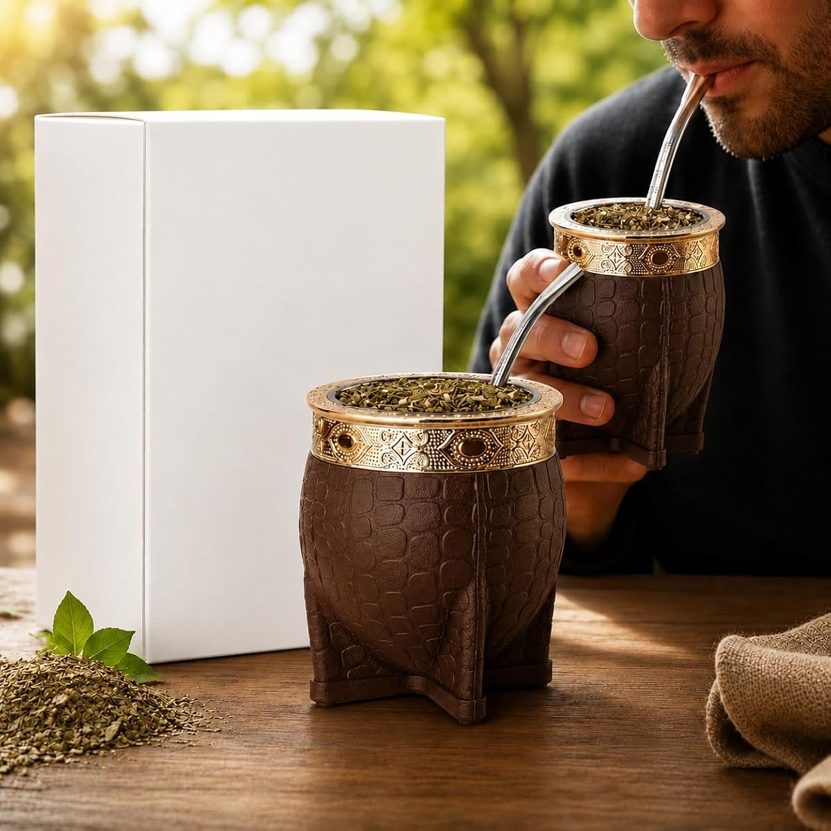 Mate Imperial Argentino Kit Mate, Taza de te Acero Inoxidable, Con Taza de Calabaza de Té de Paja Una Bombilla (Paja), Cuero Hecho a Mano Envuelto Ideal para Regalo y Viajes (Marrón)