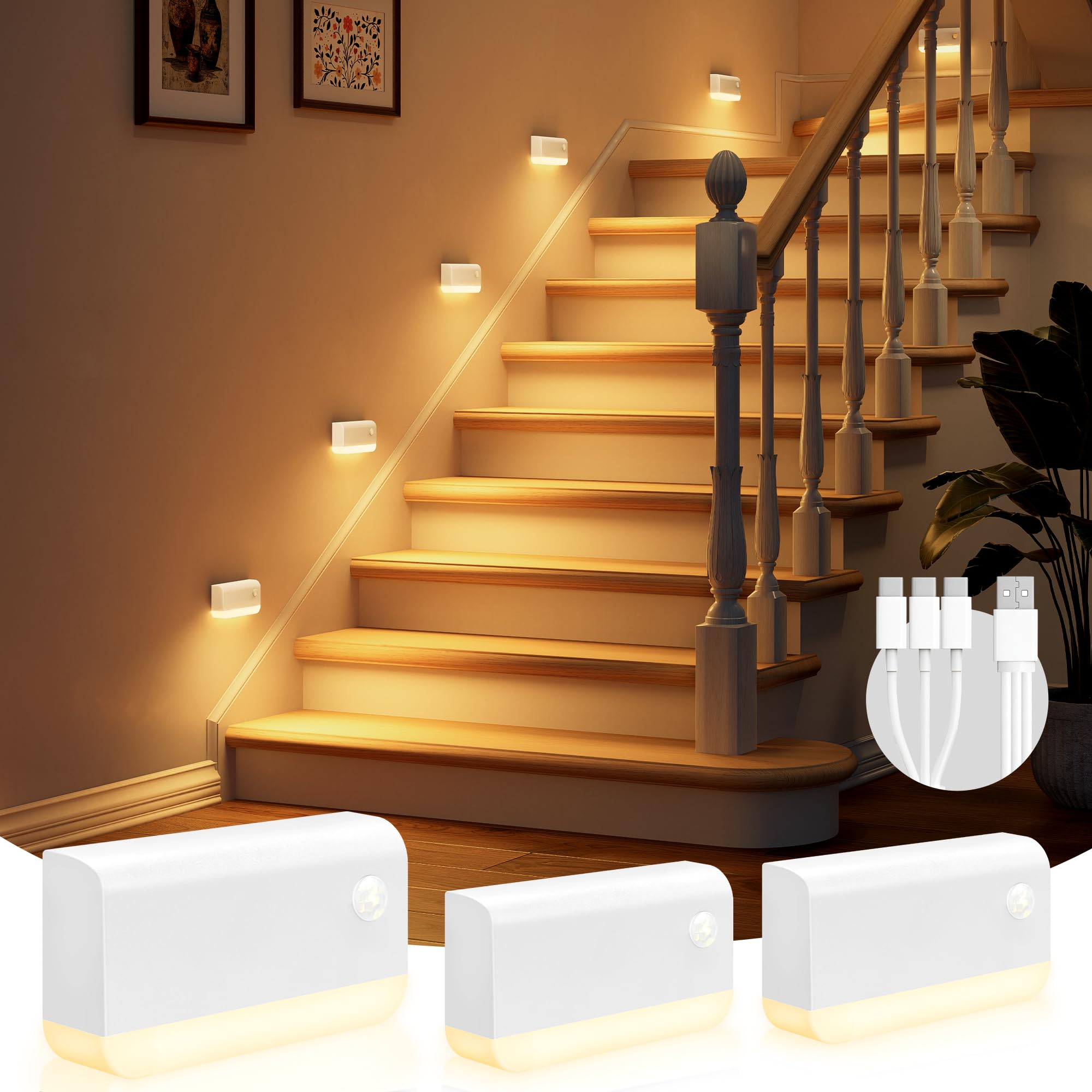VOLISUN Stair Lights Motion Sensor Indoor, 3 Pack Rechargeable LED Stair Lights, White