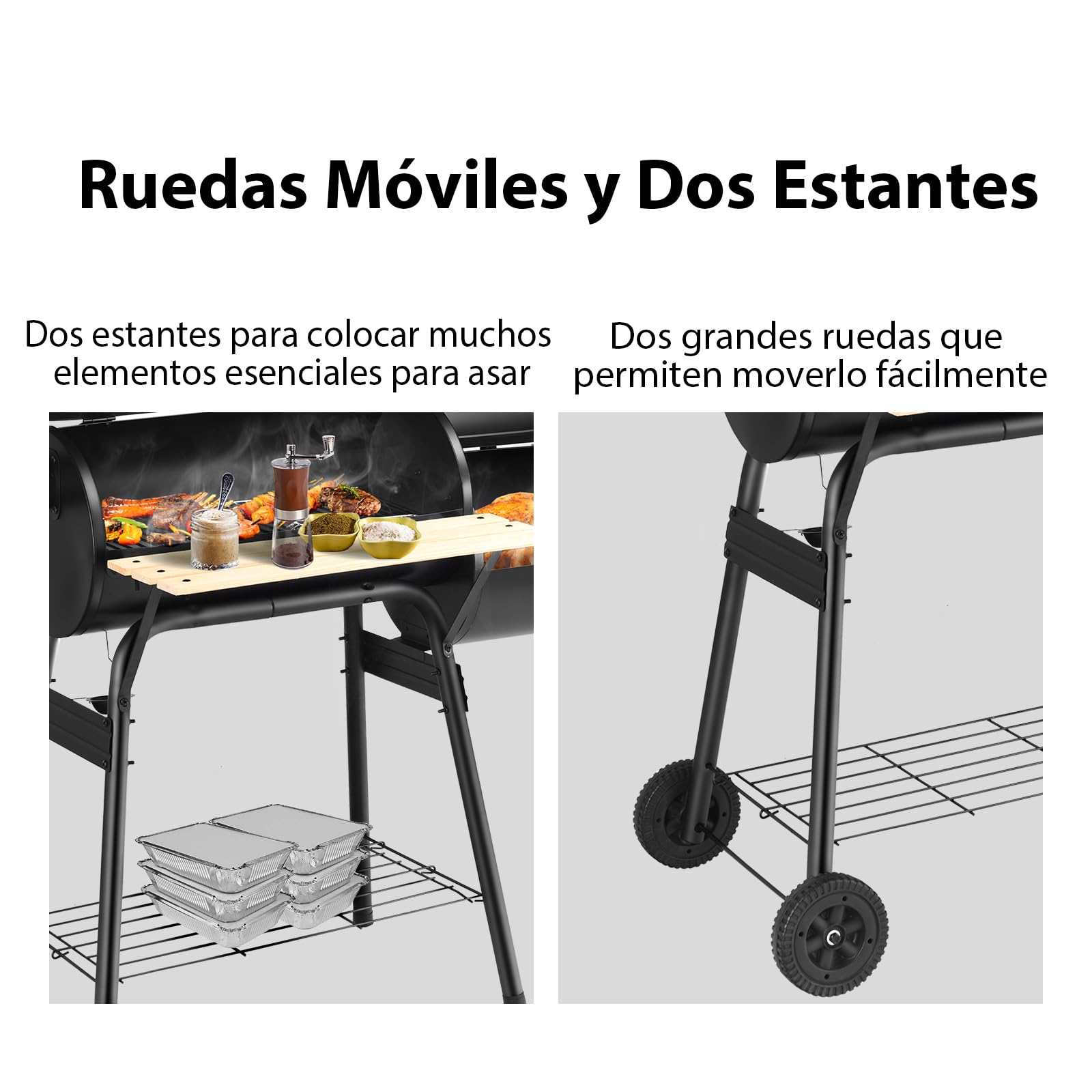 COSTWAY 2 en 1 Barbacoa Carbon, Parrilla de Carbón con 2 Estantes 2 Ruedas y Termómetro, Sistema de Ventilación y Chimenea, Barbacoas de Carbon y Leña