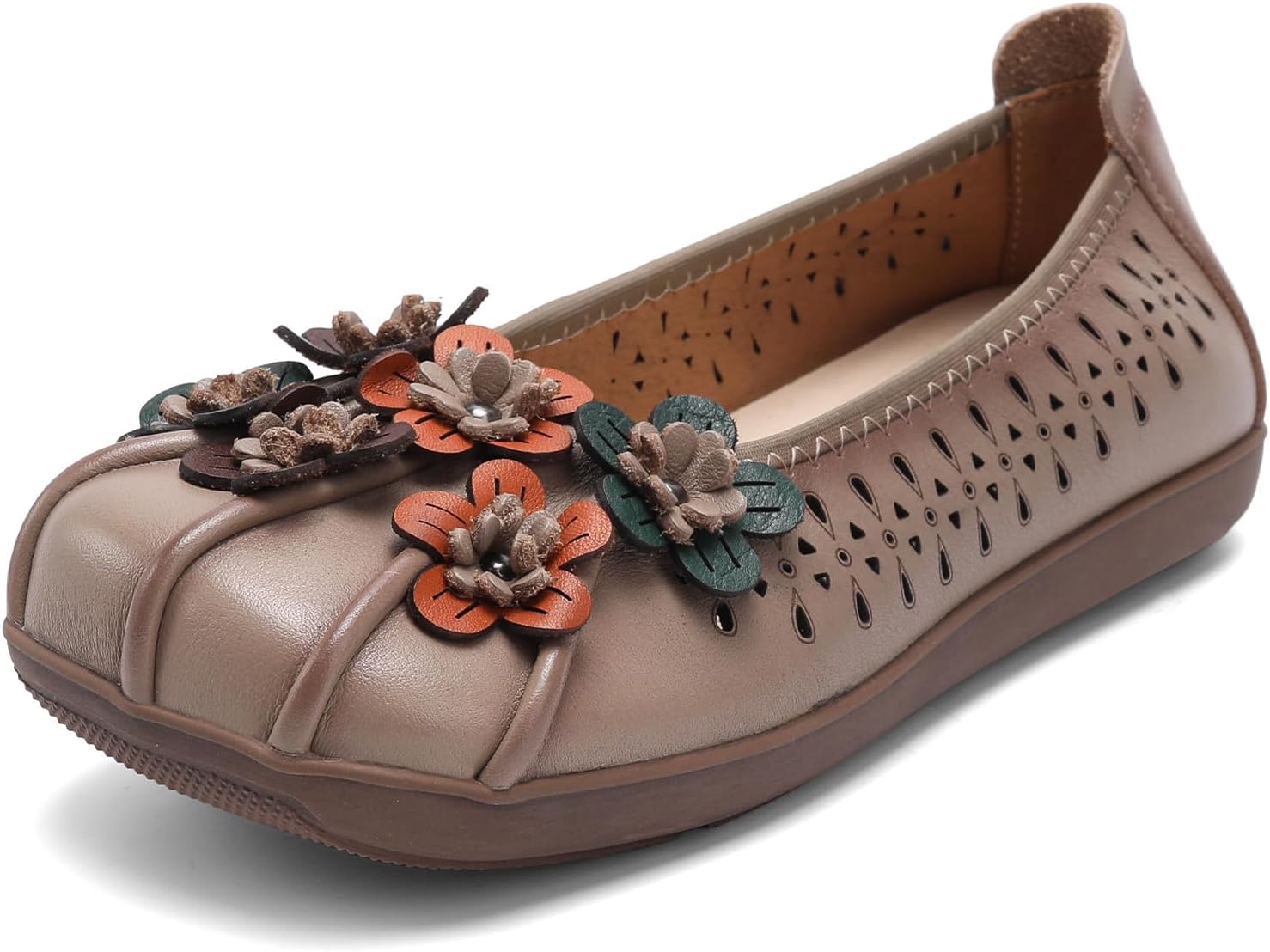 Women's Leather Flats Cut Out Elegant Flower Loafers Non Slip Breathable Square Toe Slip-On Low Heels Walking Shoes