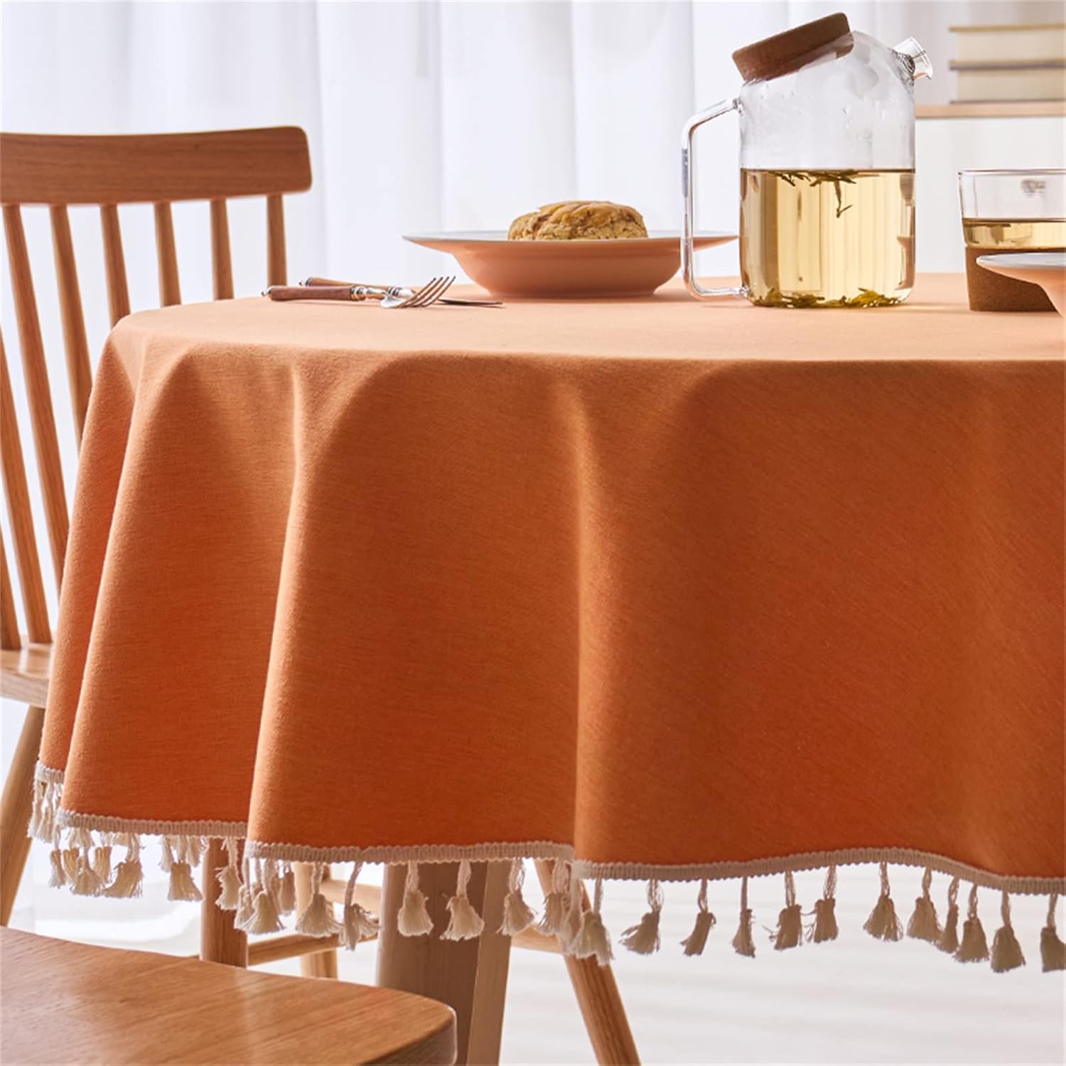 Linen Textured Round Tablecloth with Tassel Waterproof