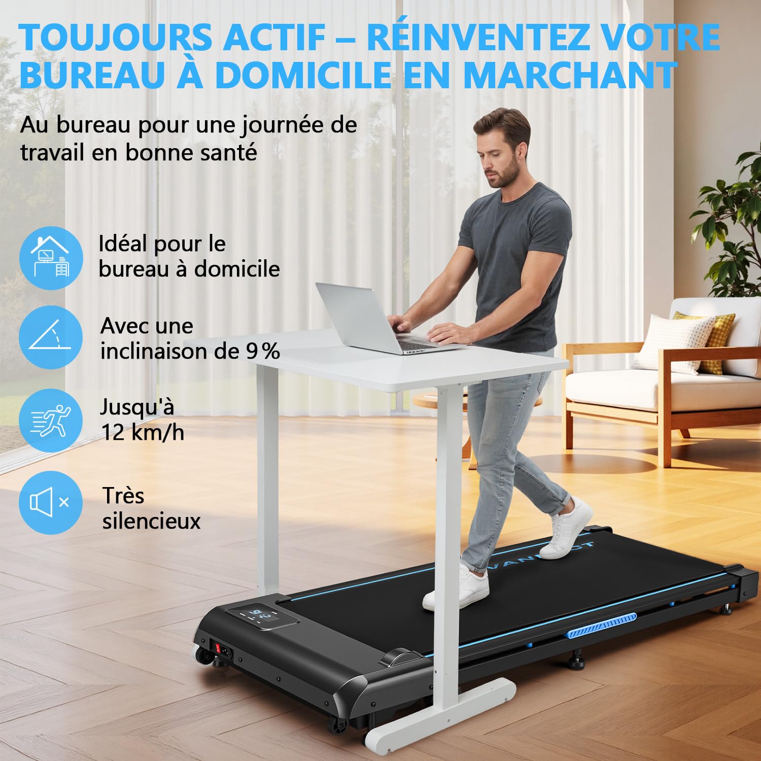 Tapis de Marche, VANNECT Tapis de Course Amélioré 4 en 1 Pliable avec Pente 9% réglable, 1-10 km/h Walking Pad avec Écran LED, Télécommande, Silencieux Moteur 2.75HP, sans Montage, Capacité 150 kg