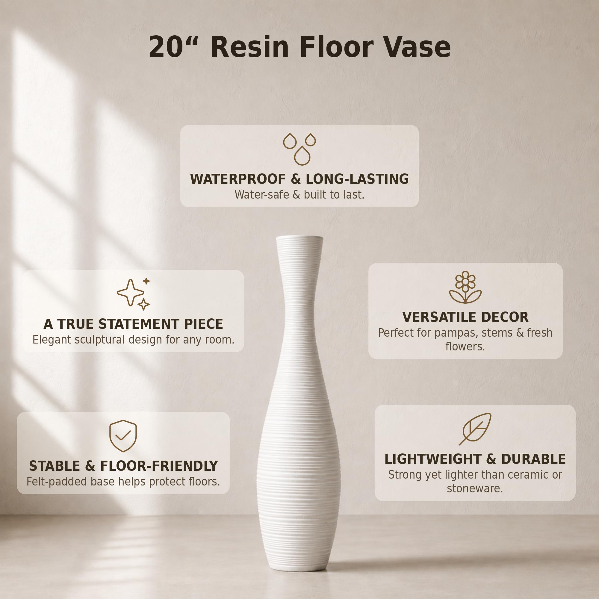 Leewadee Große Bodenvase 50 cm Polyresin für Pampasgras & Trockenblumen | Deko-Vase fürs Wohnzimmer: wasserdicht für Frischblumen, ideal für Pampasgras & Zweige und bruchfester als Keramik
