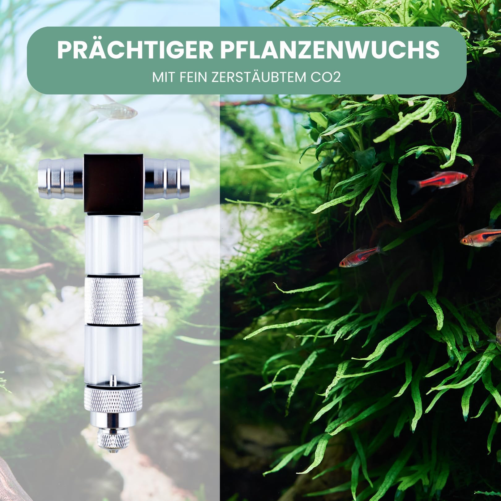 Q-Grow dyfuzor CO2, reaktor CO2 do akwarium, wysokiej jakości stal nierdzewna, łącznie z licznikiem pęcherzyków powietrza i zabezpieczeniem zwrotnym - przyłącze 22/16 mm