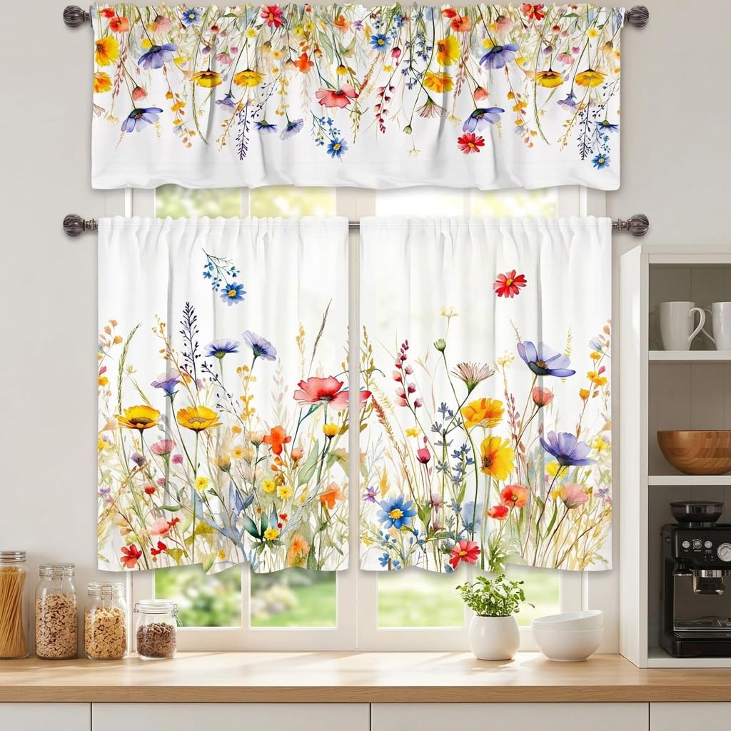 HASTHIP® 3PCS Spring Kitchen Curtains and Valances Set | Summer Floral Cafe Curtains Light Filtering Kitchen Window Decor for Home, Kitchen Curtains for Open Cabinet-image-20