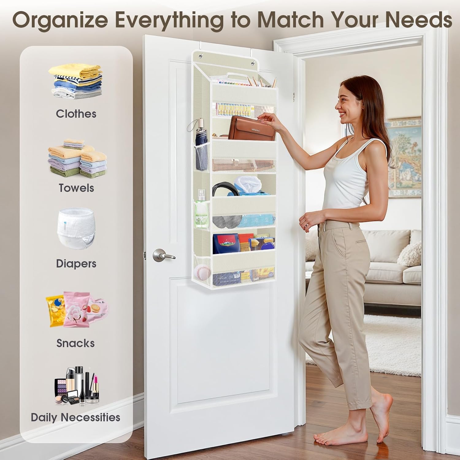 1 Pack Over The Door Organizer, Hanging Storage Organizer with Clear Window, 40lb Ultra Sturdy Large Capacity Room Organizer for Pantry Bathroom Nursery Closet Baby Essential (Beige) - Image 6