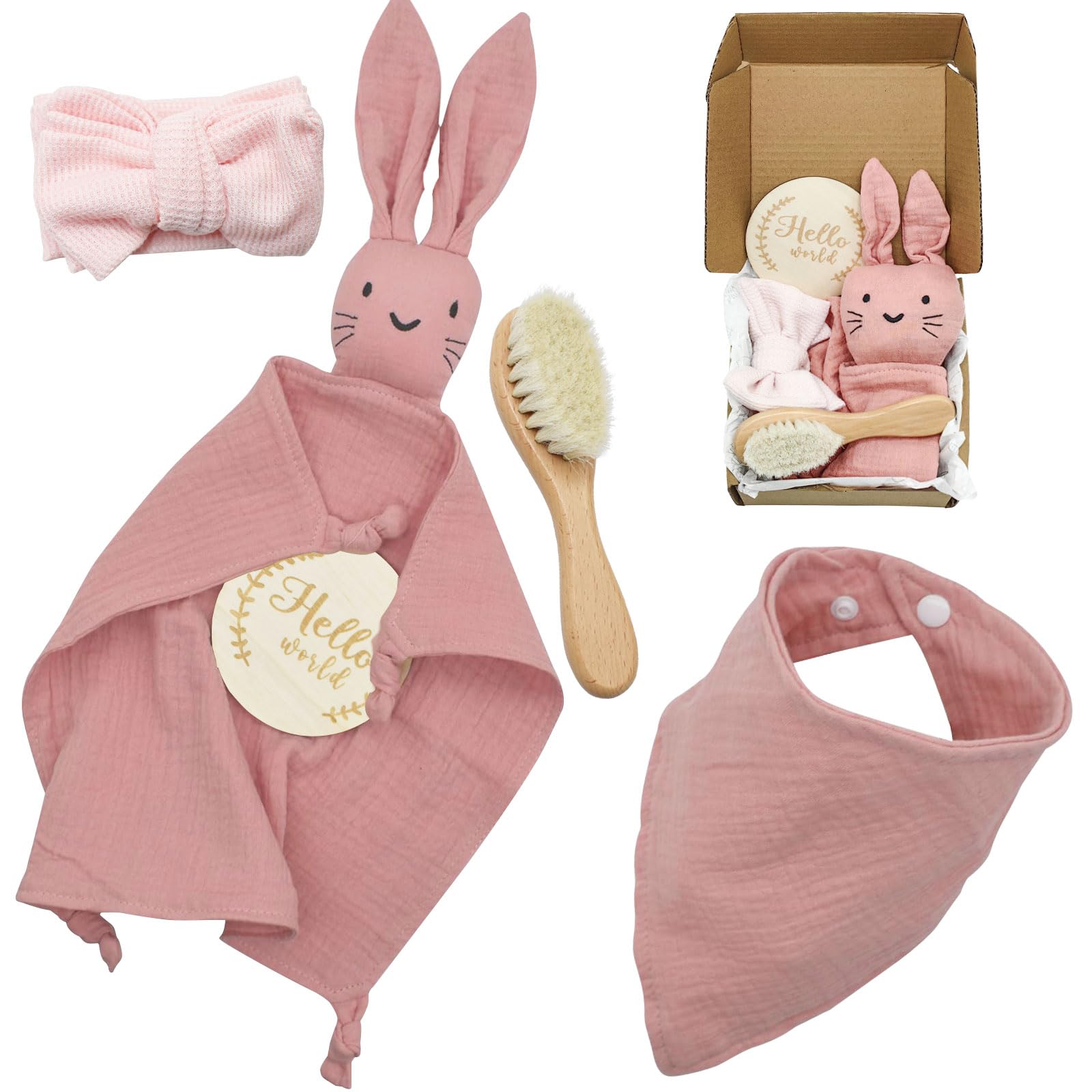 YTACREA Baby Gift Set, Baby Blanket Doudou, Gift for Girls with Bib, Milestone, Brush, Headband, Pink