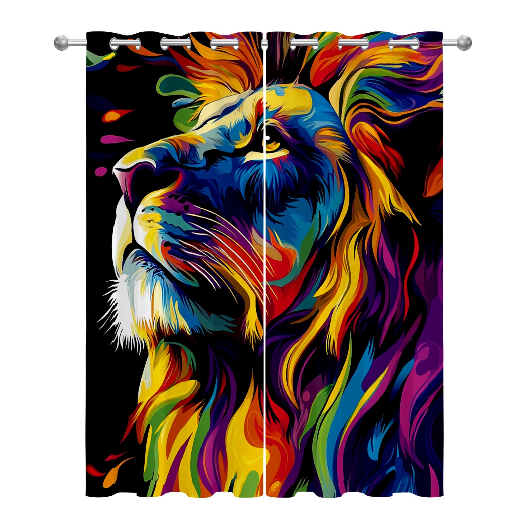 Lion Blackout Curtains - Colourful Animal Pop Art Curtains Eyelet, Thermal Insulated Curtain for Living Room Bedroom, W66 X D90, 2 Panels Drapes House Decor