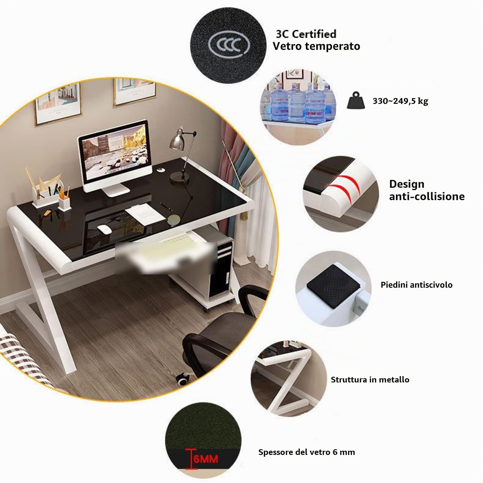 Scrivania per computer in vetro temperato, design moderno, telaio in metallo a forma di Z, ideale per casa, studio e giochi