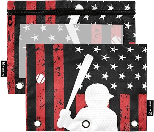 Carpeta de béisbol con la bandera estadounidense, bolsa para lápices de 3 anillos, bolsa transparente con cremallera para ventana, suministros de