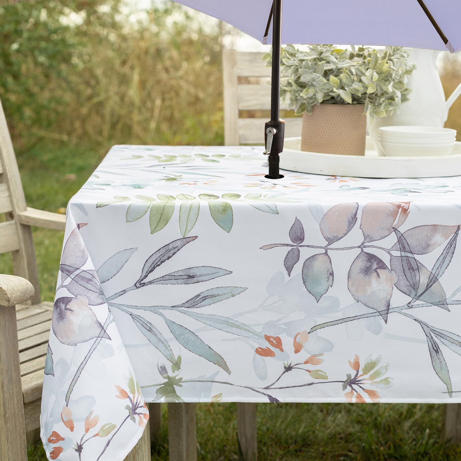 Benson Mills Spillproof Spring/Summer Fabric Outdoor Tablecloth with Umbrella Hole, Zippered Table Cloth for Rectangle Tables, Picnic/Patio Table (60" x 84" Rectangular with Umbrella Hole, Botanica)