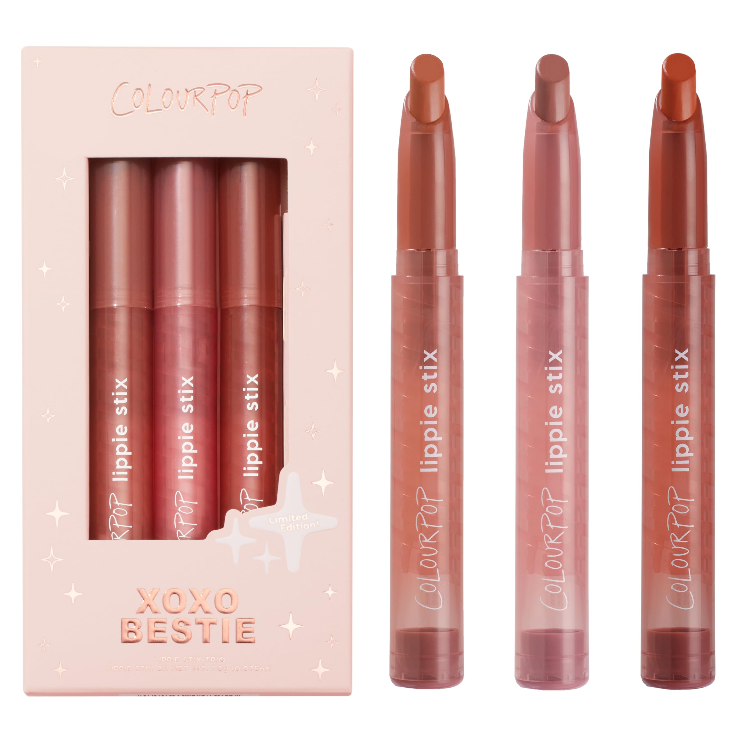 ColourPop Lippie Stix Kit - 3 Long-Lasting Lipsticks Formulated with Vitamin E & Shea Butter for All Day Moisture - Paraben and Sulfate Free - XOXOBestie (3 count)